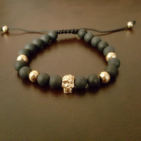 Skulls Gold Matte Black Onyx Bracelet #LTS0101 - Picture 2 of 4